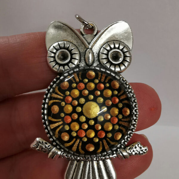 Hand Painted Dot Mandala Owl Key Ring - Gold and Copper