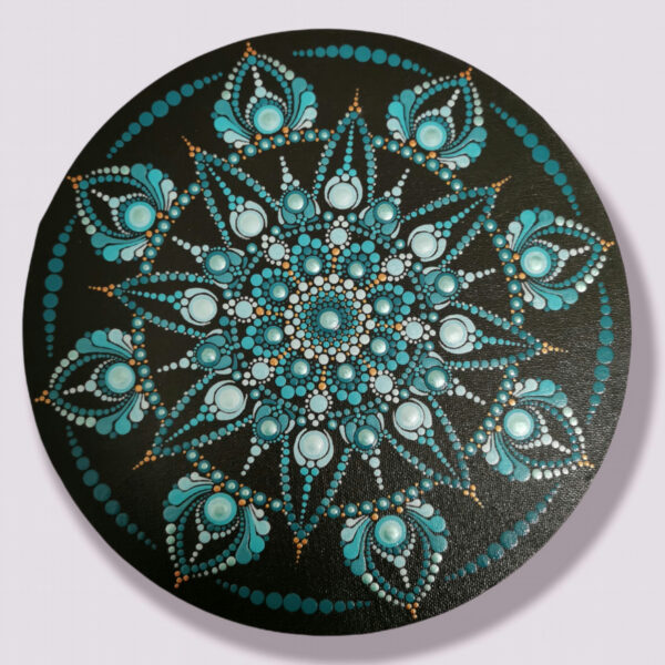 Hand Painted Dot Mandala Canvas - Aquamarine