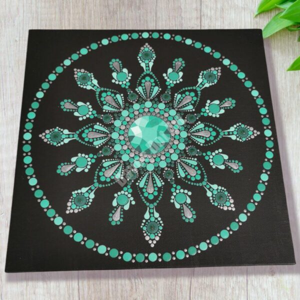 Hand Painted Dot Mandala Canvas - Emerald